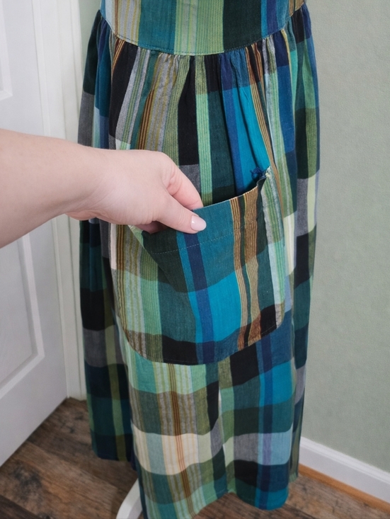 Vintage 90s Erika Plaid Cotton Midi Dress Lagenlook Bubble Hem Pockets Tie Back - Picture 6 of 11